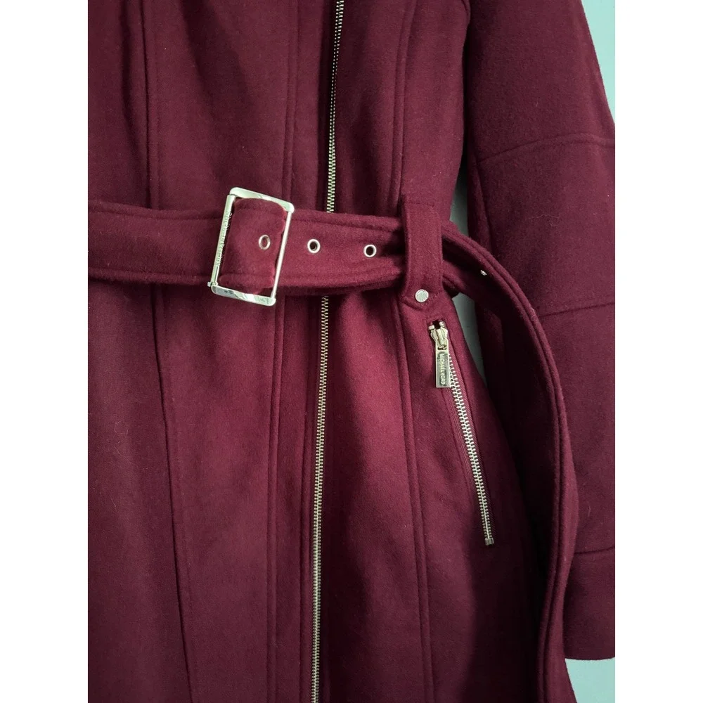 Michael Kors Womens Burgundy Belted Wool Blend Asymmetrical Zip Coat Luxury S